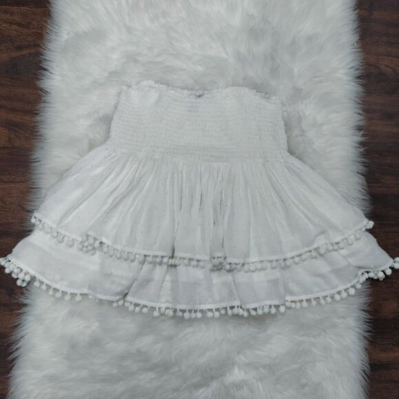 Aqua White Smocked Hips Pom-Pom Trim Ruffled Tiered Mini Skirt Size Large - Picture 3 of 9